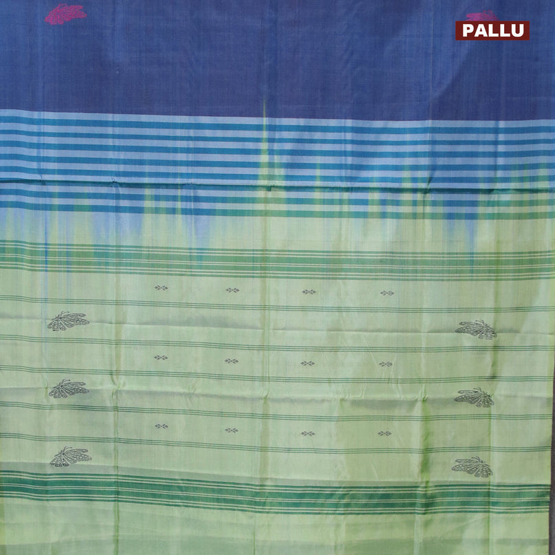 Banana pith saree dark blue and light green shade with thread woven buttas in borderless style with blouse