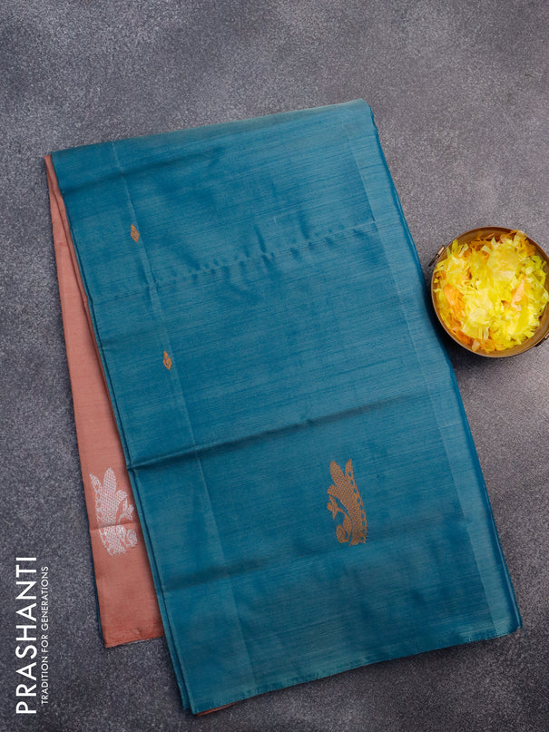 Banana pith saree peacock green and rosy brown with thread woven buttas in borderless style with blouse
