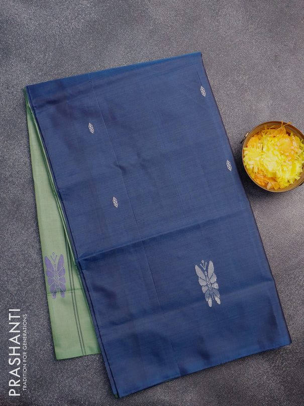 Banana pith saree dark blue and pastel green with thread woven buttas in borderless style with blouse