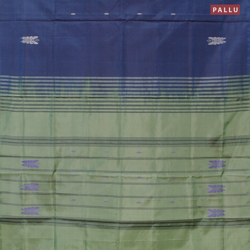 Banana pith saree dark blue and pastel green with thread woven buttas in borderless style with blouse