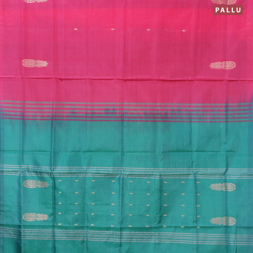 Banana pith saree pink and teal green with thread woven buttas in borderless style with blouse
