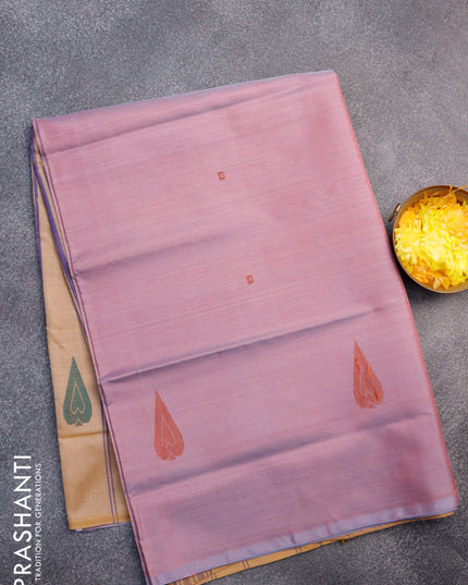 Banana pith saree dual shade of pinkish grey and sandal with thread woven buttas in borderless style with blouse