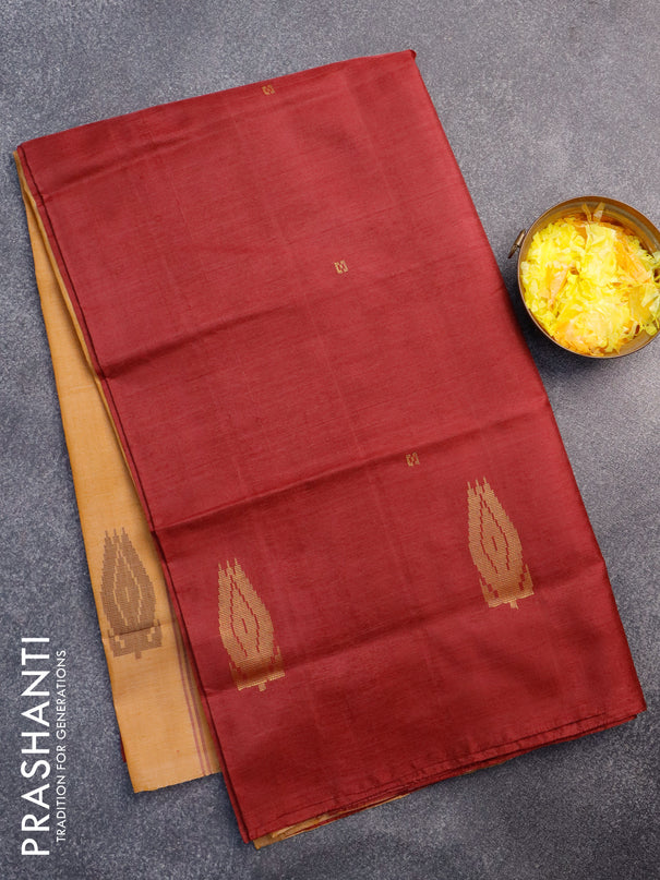 Banana pith saree maroon and dark sandal with thread woven buttas in borderless style with blouse