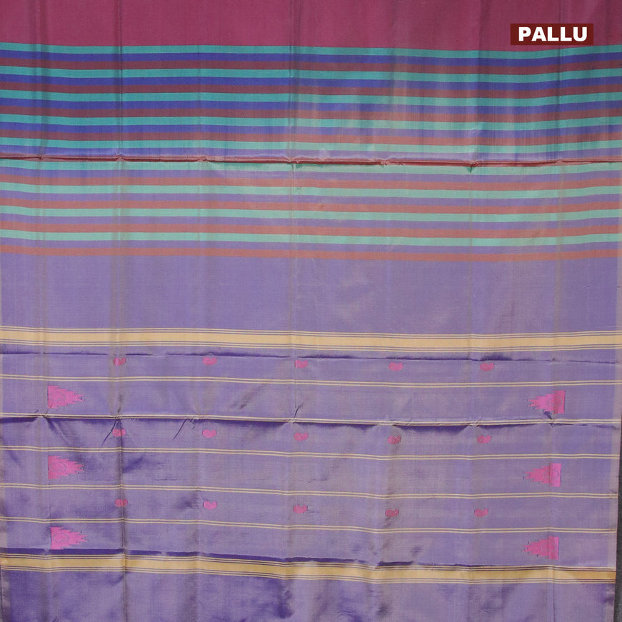 Banana pith saree dark magenta and blue shade with thread woven buttas in borderless style with blouse