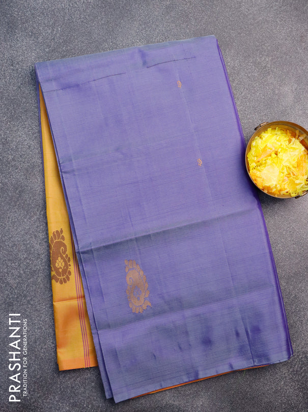 Banana pith saree blue shade and dual shade of yellowish pink with thread woven buttas in borderless style with blouse