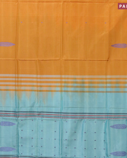 Banana pith saree dark mustard and teal blue with thread woven buttas in borderless style with blouse