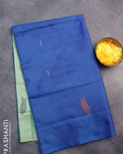 Banana pith saree blue and pastel green with thread woven buttas in borderless style with blouse