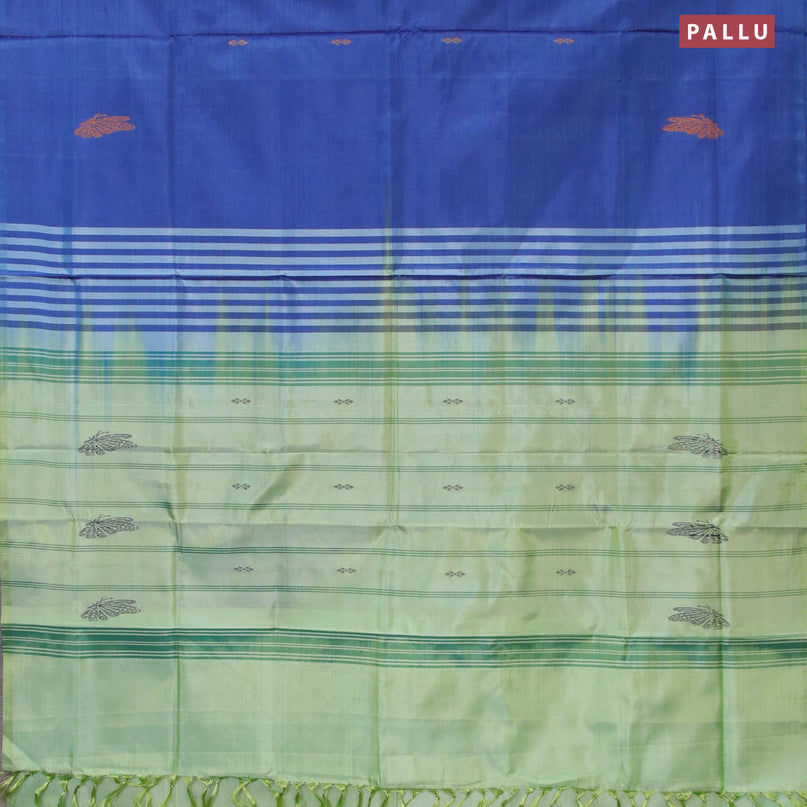 Banana pith saree blue and pastel green with thread woven buttas in borderless style with blouse