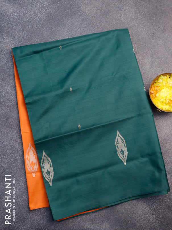 Banana pith saree dark green and orange with thread woven buttas in borderless style with blouse