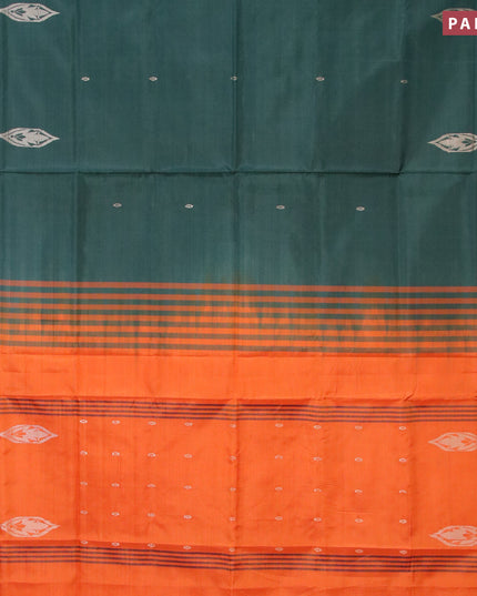Banana pith saree dark green and orange with thread woven buttas in borderless style with blouse