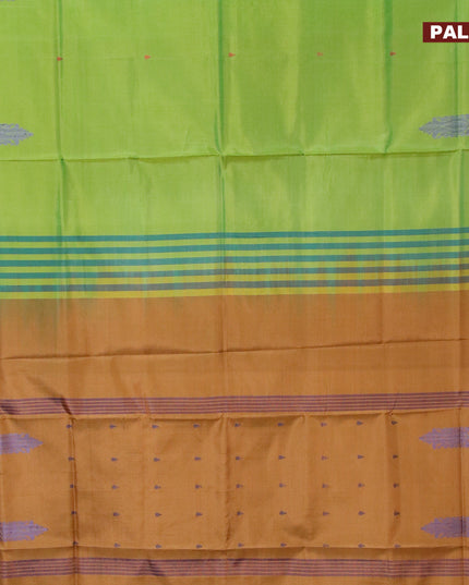 Banana pith saree light green and dark mustard with thread woven buttas in borderless style with blouse