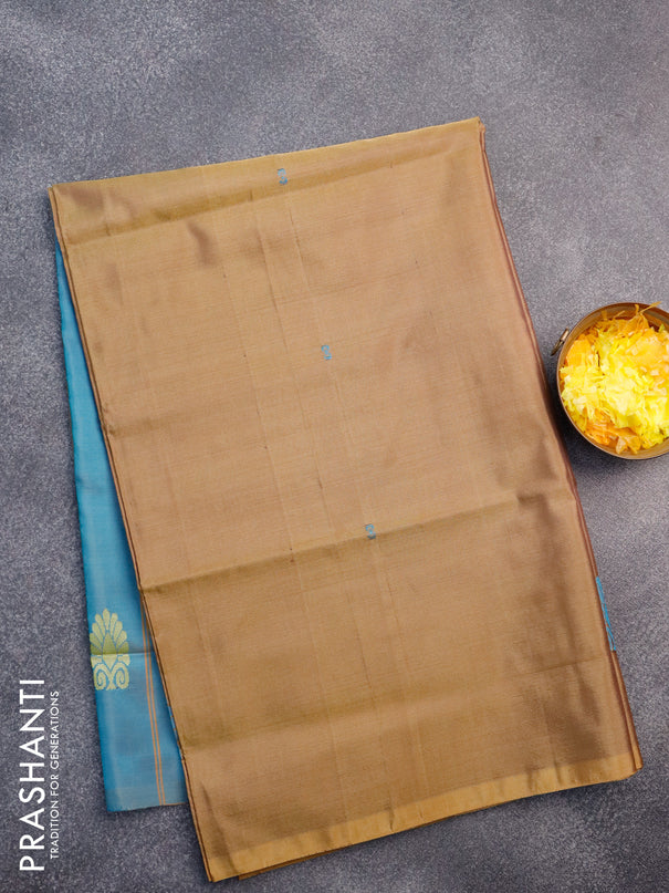 Banana pith saree dark mustard and blue with thread woven buttas in borderless style with blouse