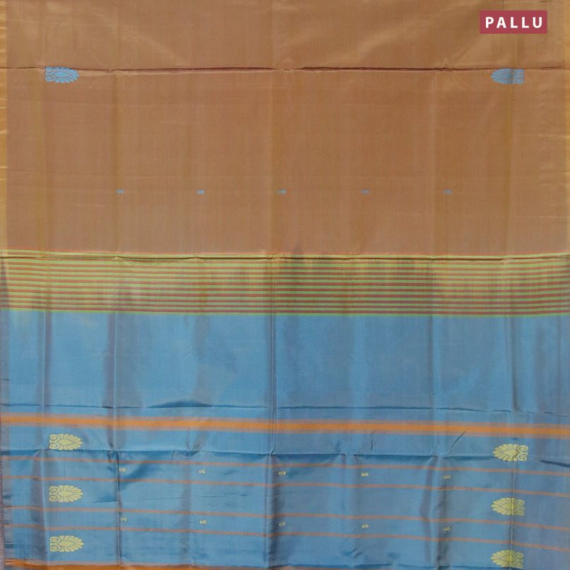 Banana pith saree dark mustard and blue with thread woven buttas in borderless style with blouse