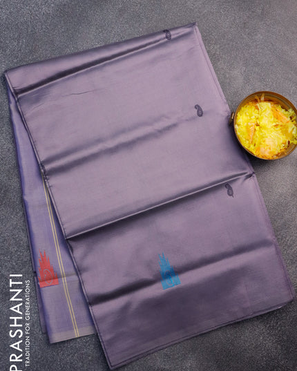 Banana pith saree grey and dual shade of blue with thread woven buttas in borderless style with blouse