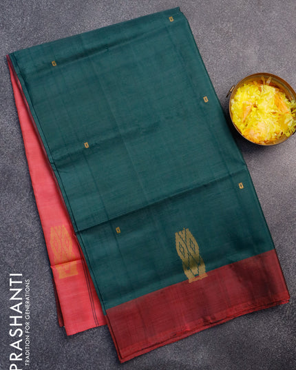 Banana pith saree dark green and dual shade of pink with thread woven buttas and contrast border with blouse