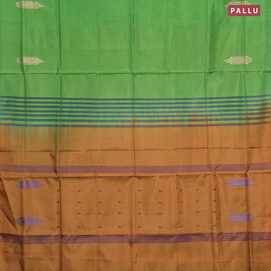 Banana pith saree green and dark mustard with thread woven buttas in borderless style with blouse