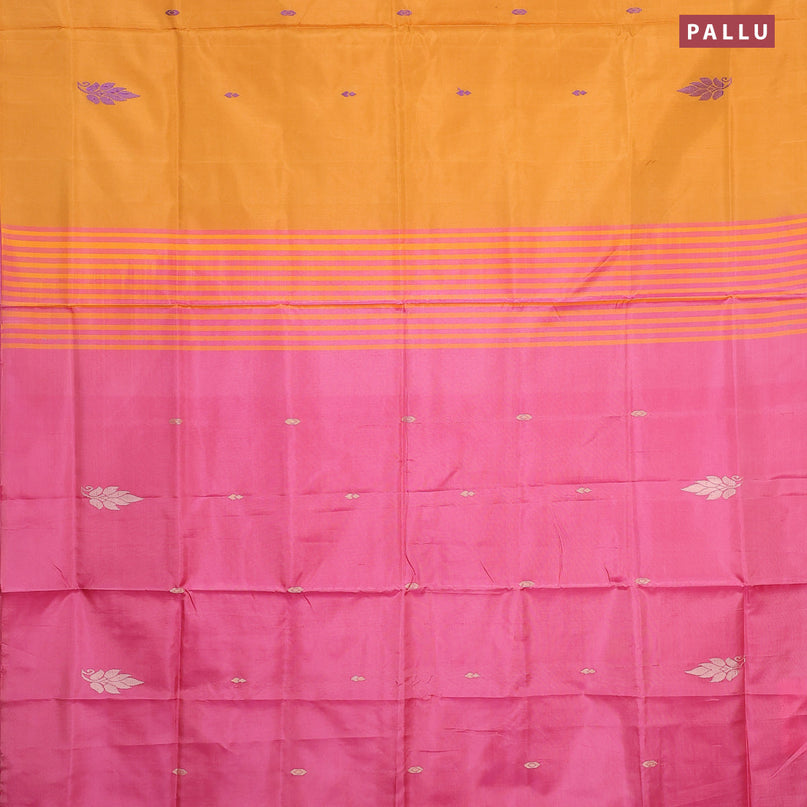 Banana pith saree dark mustard and pink with thread woven buttas in borderless style with blouse