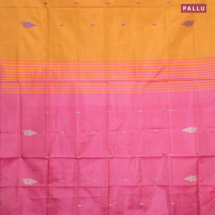Banana pith saree dark mustard and pink with thread woven buttas in borderless style with blouse