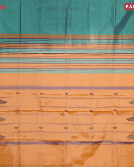 Banana pith saree peacock green and pale orange with thread woven buttas in borderless style with blouse