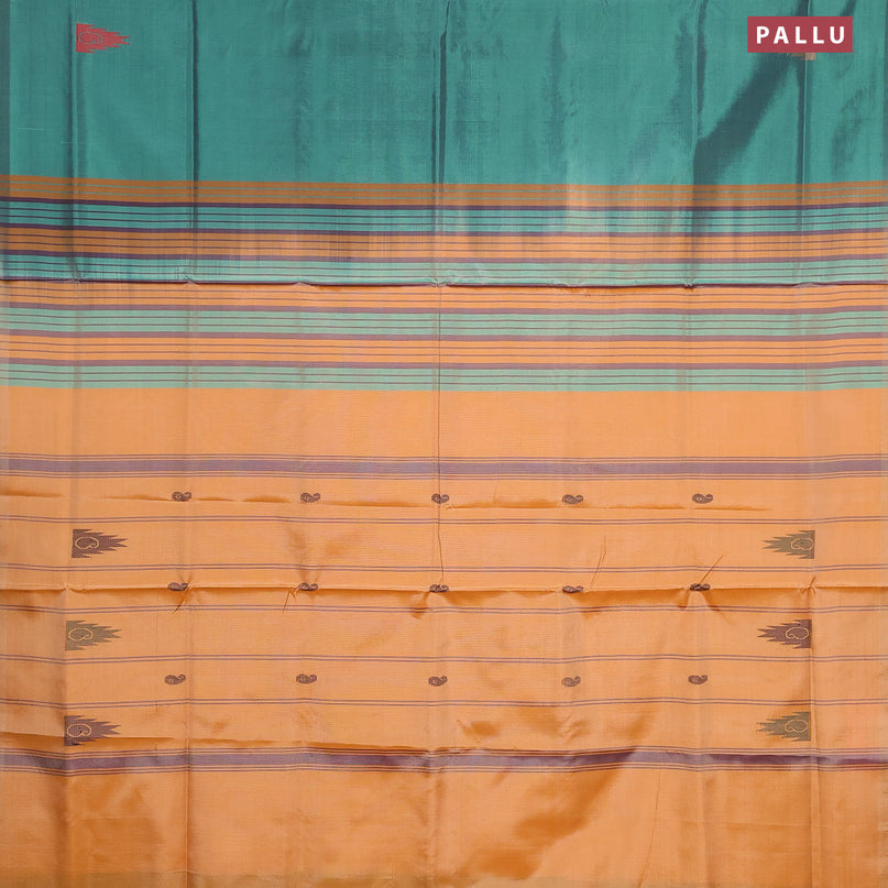 Banana pith saree peacock green and pale orange with thread woven buttas in borderless style with blouse