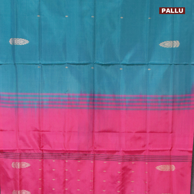Banana pith saree teal blue and pink with thread woven buttas in borderless style with blouse