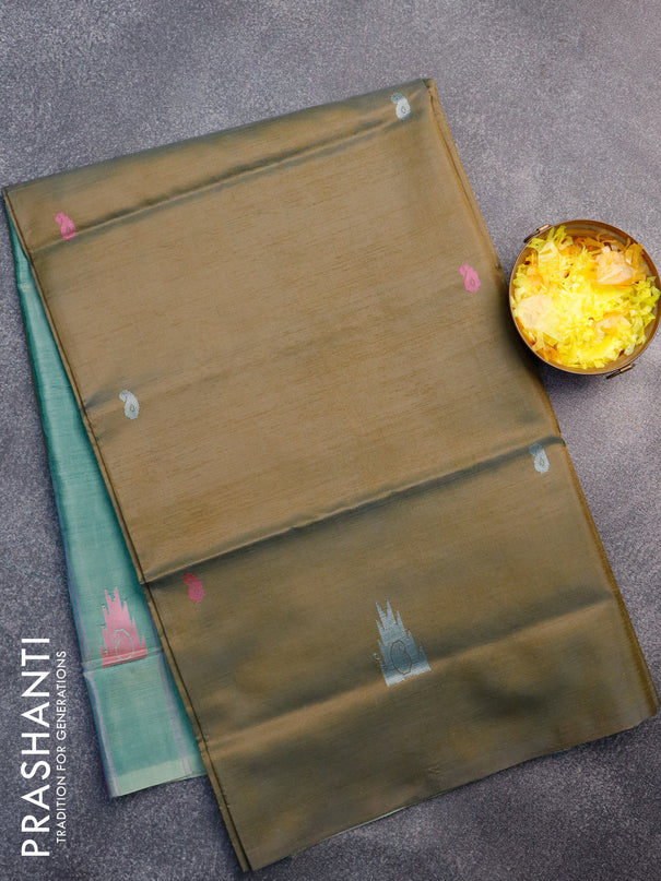 Banana pith saree brown shade and teal blue shade with thread woven buttas in borderless style with blouse