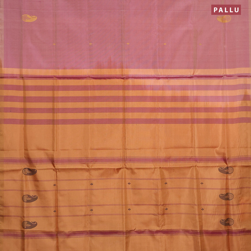 Banana pith saree pink shade and mustard shade with thread woven buttas in borderless style with blouse