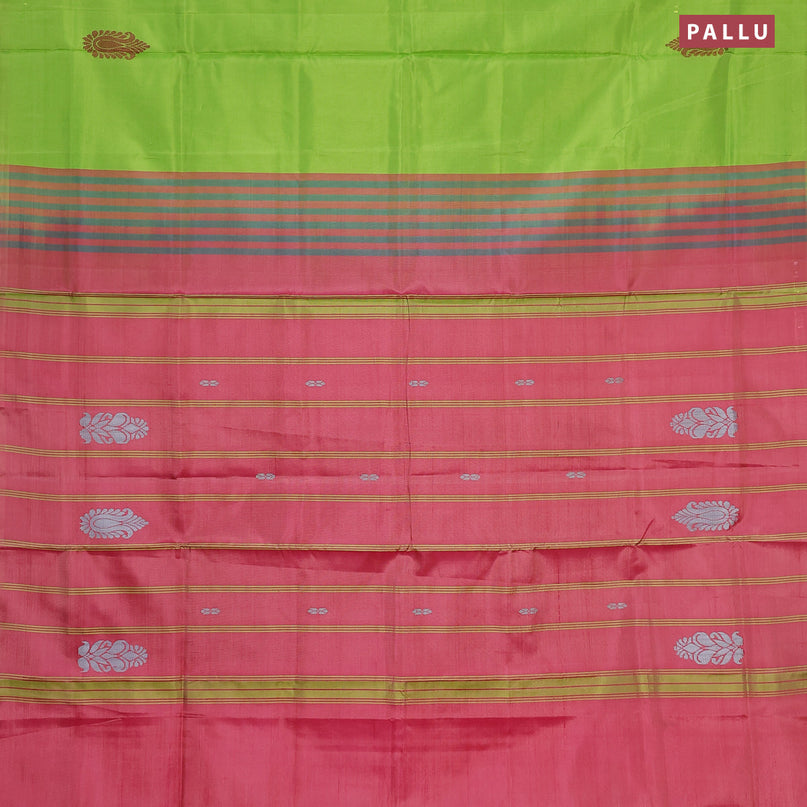 Banana pith saree parrot green and pink with thread woven buttas in borderless style with blouse