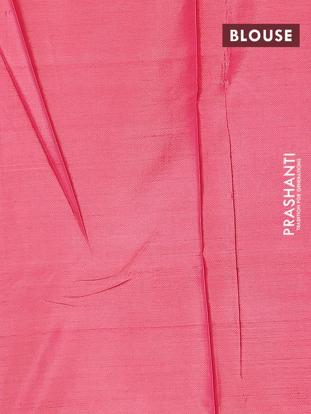 Banana pith saree parrot green and pink with thread woven buttas in borderless style with blouse