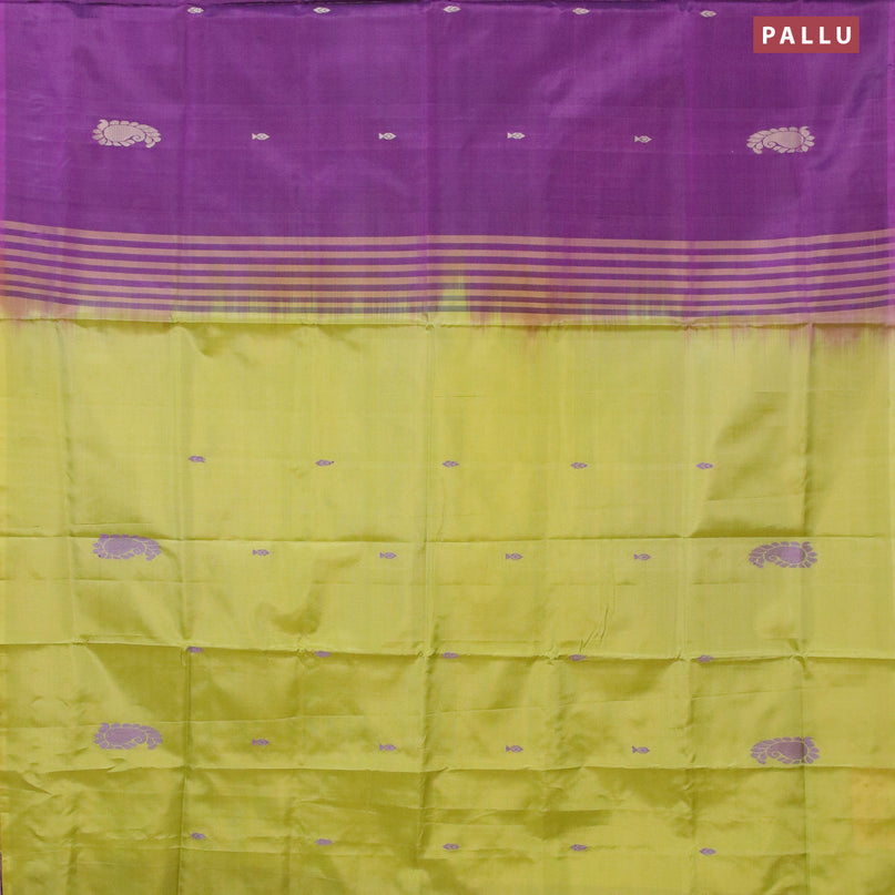 Banana pith saree purple and lime yellow with thread woven buttas in borderless style with blouse
