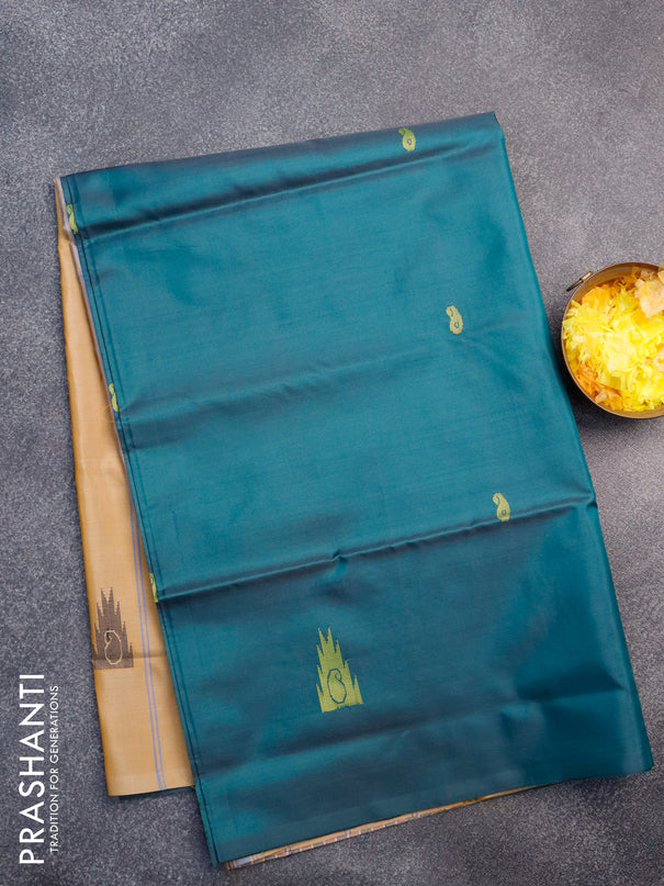 Banana pith saree peacock green and sandal with thread woven buttas in borderless style with blouse