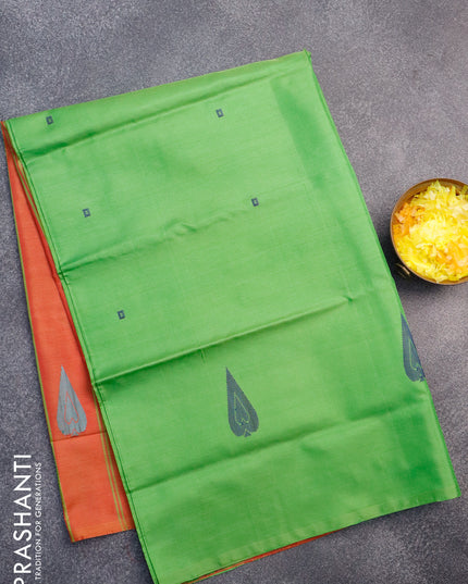 Banana pith saree parrot green and dual shade of rustic orange with thread woven buttas in borderless style with blouse