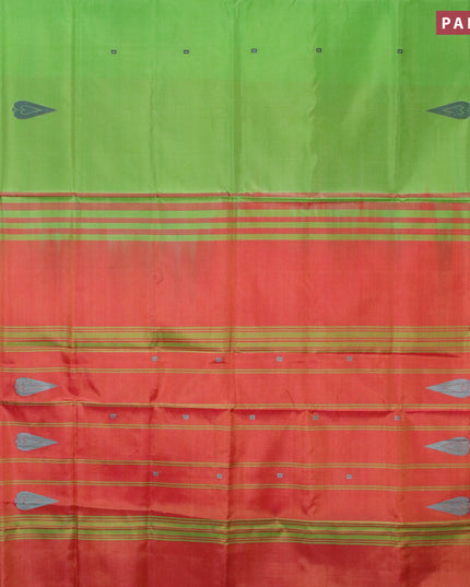 Banana pith saree parrot green and dual shade of rustic orange with thread woven buttas in borderless style with blouse