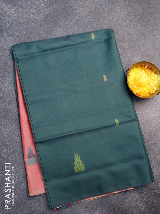 Banana pith saree bottle green and dual shade of pink with thread woven buttas in borderless style with blouse
