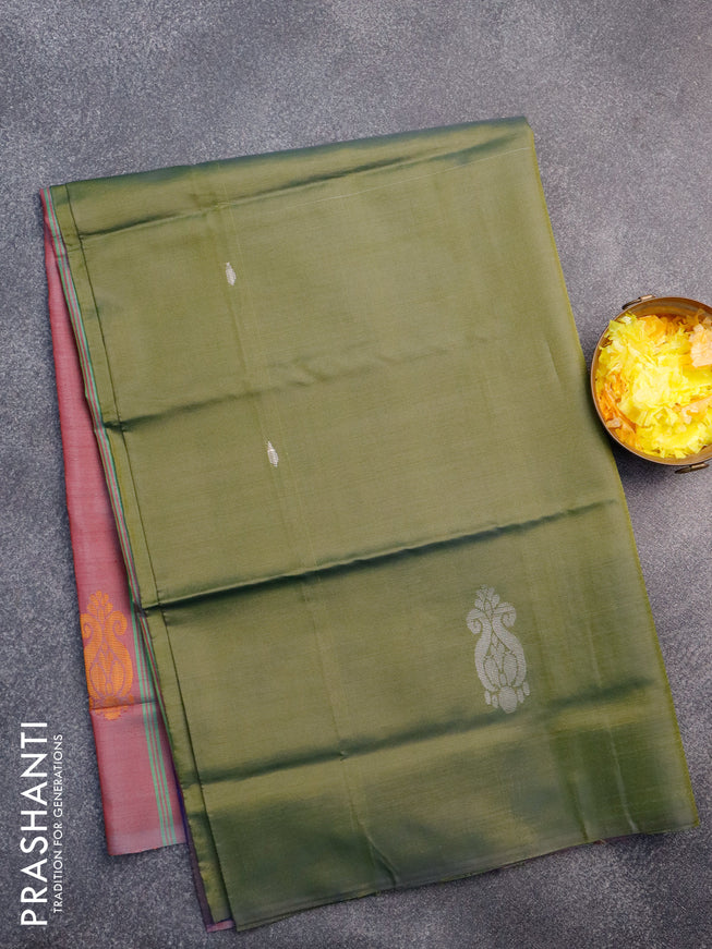 Banana pith saree mehendi green and dual shade of maroon with thread woven buttas in borderless style with blouse