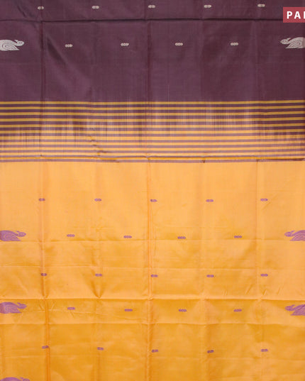 Banana pith saree deep maroon and mango yellow with thread woven buttas in borderless style with blouse
