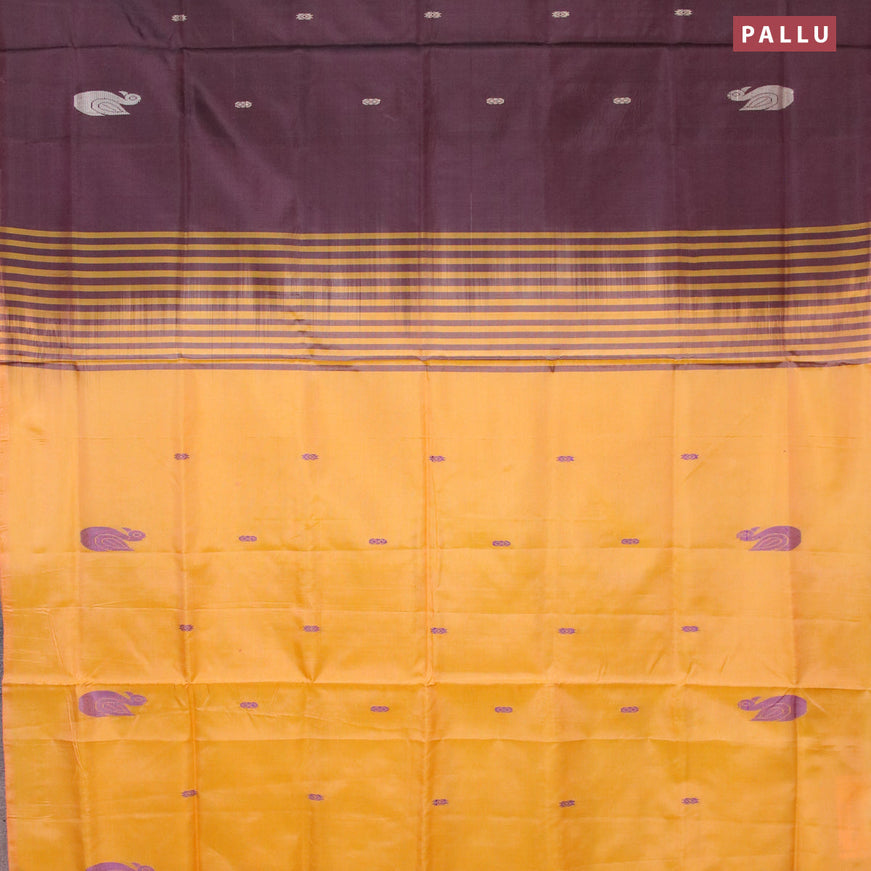 Banana pith saree deep maroon and mango yellow with thread woven buttas in borderless style with blouse