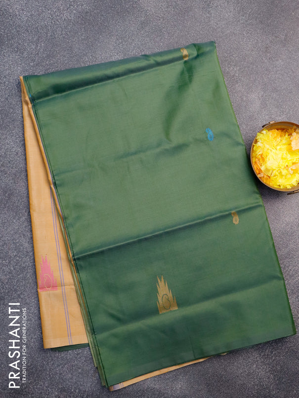 Banana pith saree sap green and sandal with thread woven buttas in borderless style with blouse
