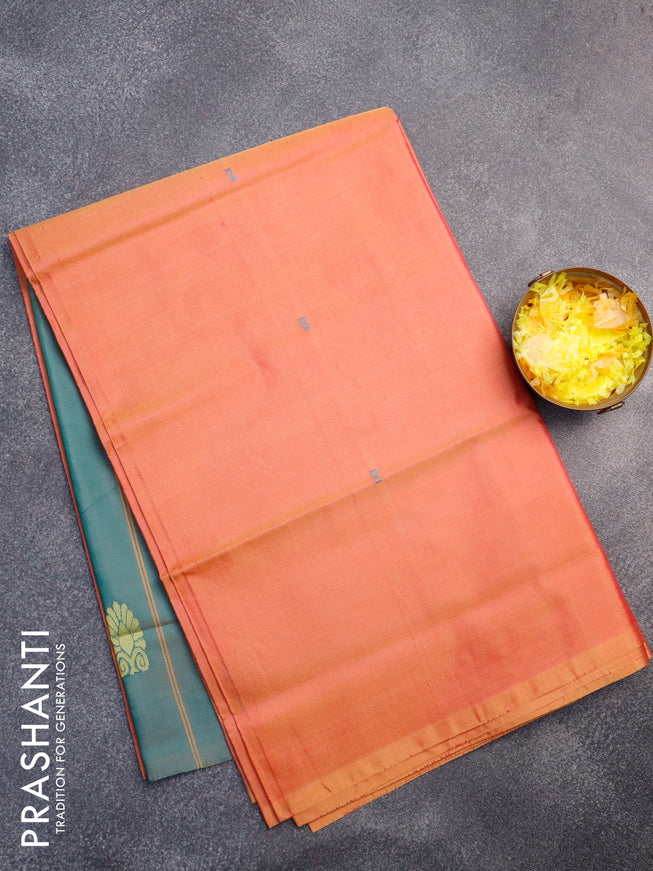 Banana pith saree dual shade of yellowish pink and peacock green with thread woven buttas in borderless style with blouse