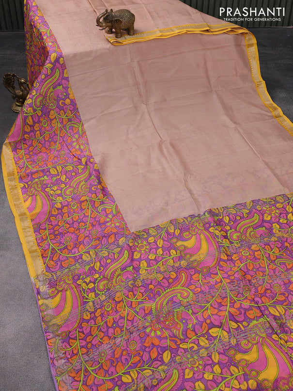 Mangalgiri silk cotton saree sandal and violet yellow with plain body and kalamkari printed silver zari border