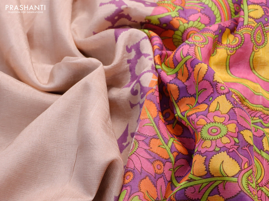 Mangalgiri silk cotton saree sandal and violet yellow with plain body and kalamkari printed silver zari border