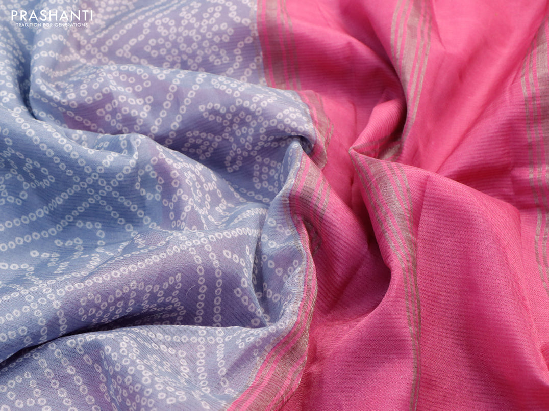 Mangalgiri silk cotton saree grey and pink with allover bandhani prints and silver zari woven border