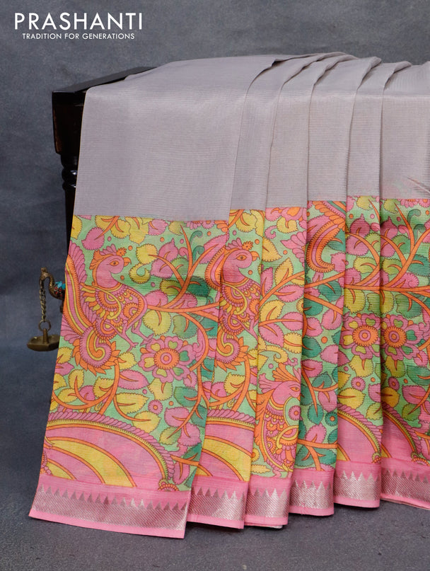 Mangalgiri silk cotton saree grey shade and light pink with plain body and kalamkari printed silver zari border