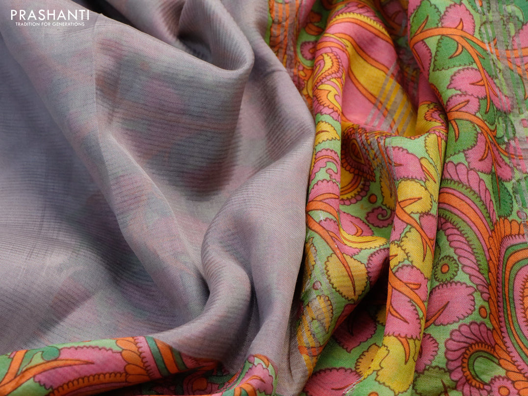 Mangalgiri silk cotton saree grey shade and light pink with plain body and kalamkari printed silver zari border