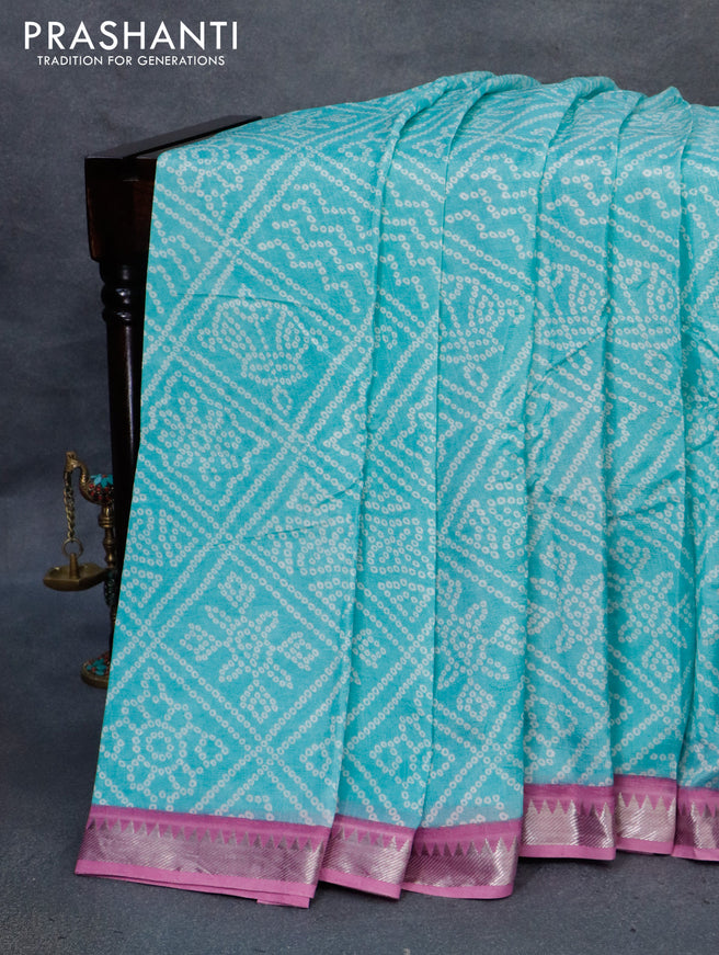 Mangalgiri silk cotton saree light blue and purple with allover bandhani prints and silver zari woven border