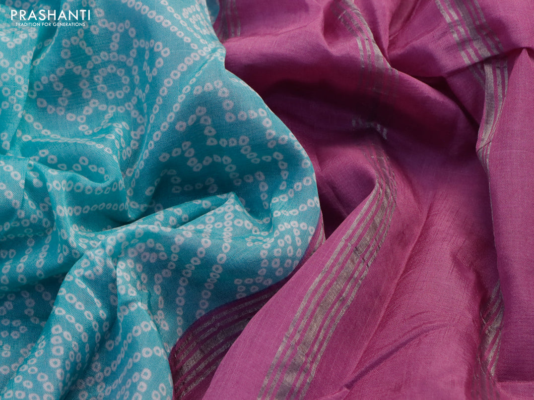Mangalgiri silk cotton saree light blue and purple with allover bandhani prints and silver zari woven border