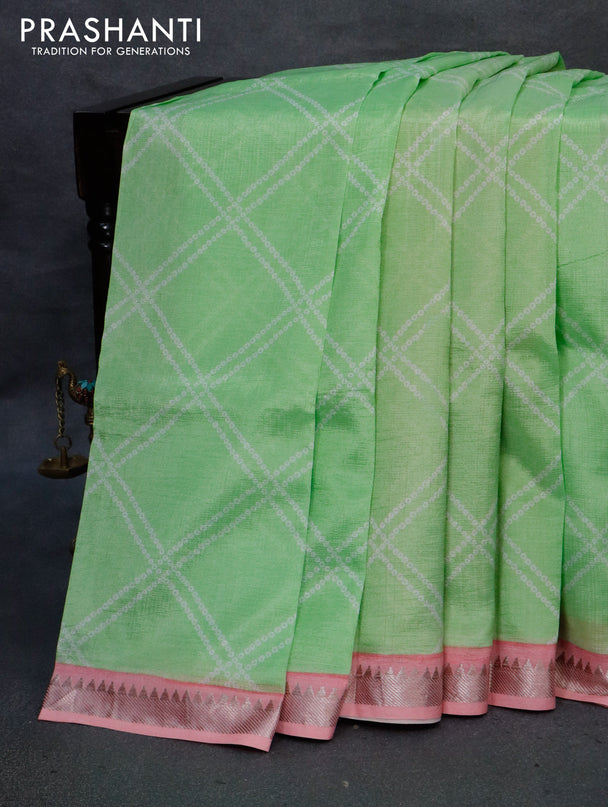 Mangalgiri silk cotton saree pista green and light pink with allover bandhani prints and silver zari woven border