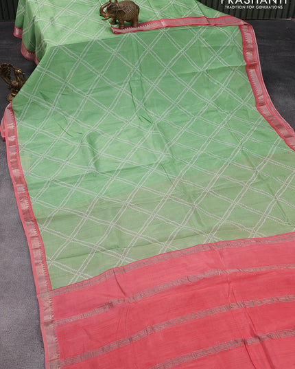 Mangalgiri silk cotton saree pastel green and pink with allover bandhani prints and silver zari woven border