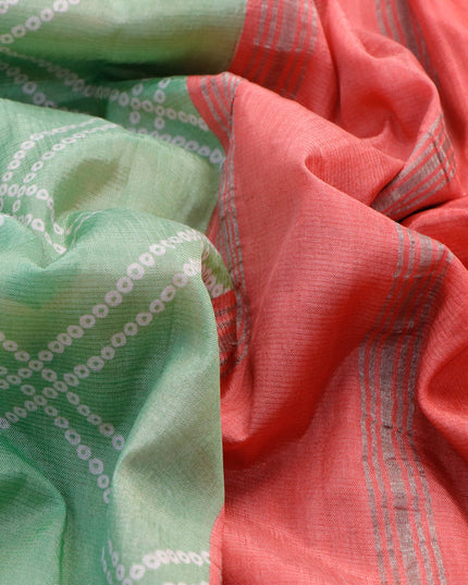 Mangalgiri silk cotton saree pastel green and pink with allover bandhani prints and silver zari woven border