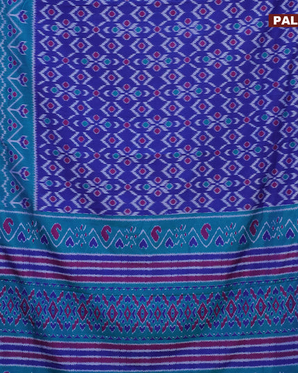 Semi tussar saree blue and teal blue with allover ikat weaves and zari woven border